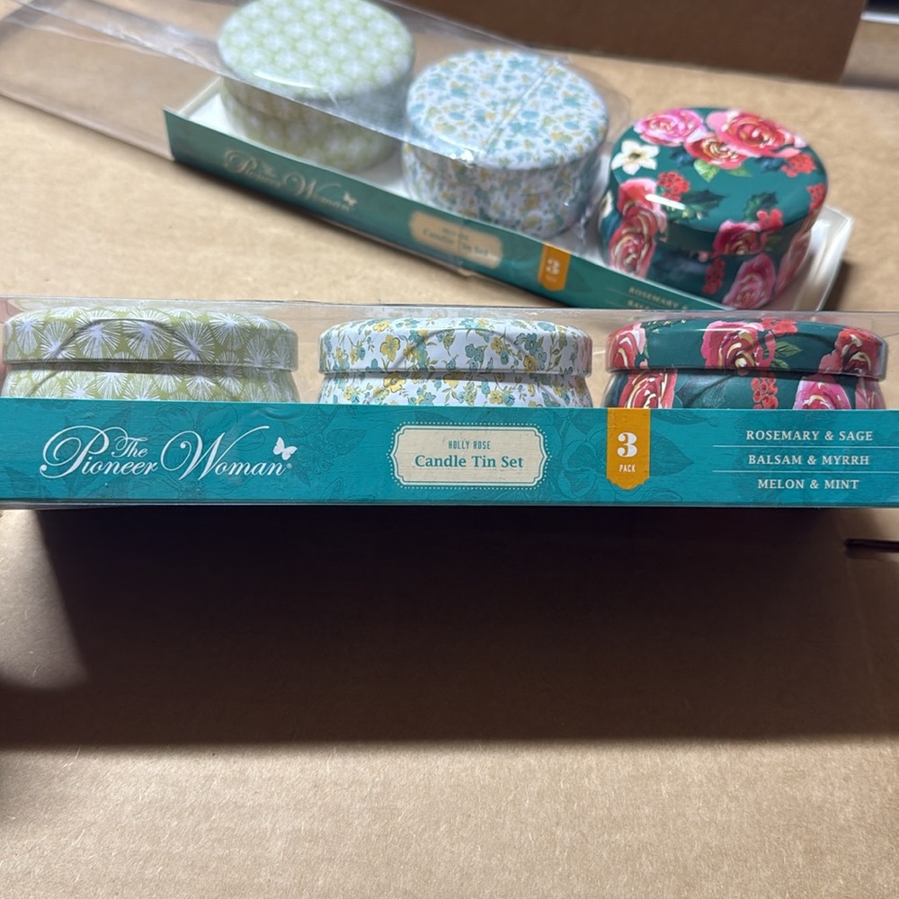 2 pack NEW Pioneer Woman Holly Rose 3-Piece Candle Tin Set - Picture 3 of 5